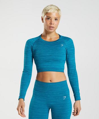 Przycięte Topy Damskie Gymshark Adapt Marl Seamless Long Sleeve Niebieskie Ciemny Szare Niebieskie | PL 2621PJJ